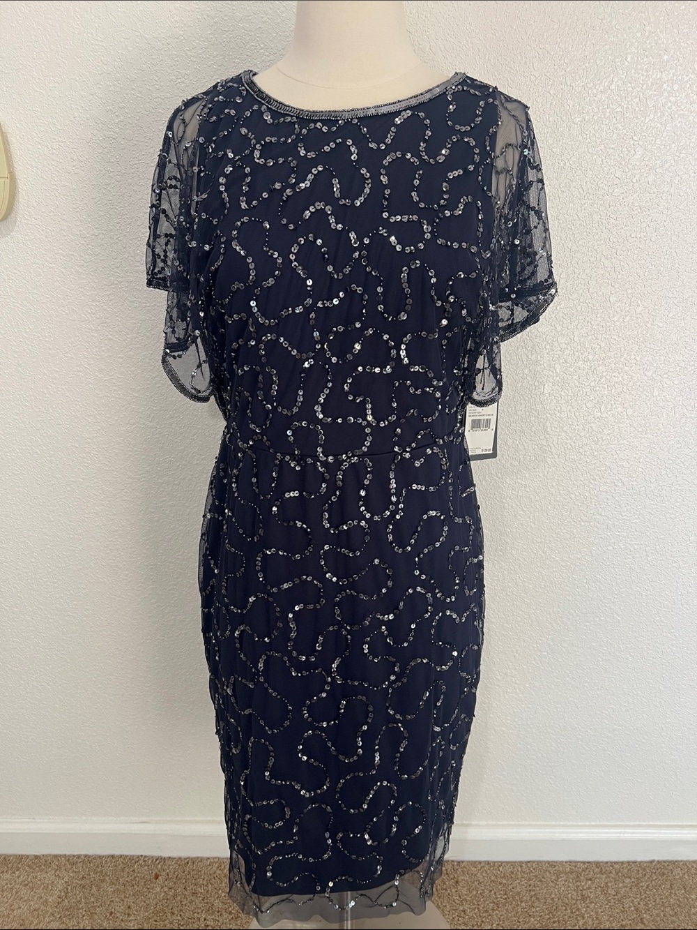 Adrianna Papell Navy Sequin Embellished Mesh Midi Dress Reg $129 Sz 6